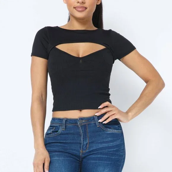 Love J Ribbed Pullover Shrug Cut Out Top--Black - Picture 3 of 6